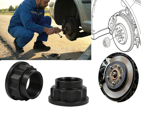 Garage Pro Heavy Duty Steel 2 Pack Front Wheel Axle Shaft Hub Nuts M22x1.5 Thread Drive Bolts used for tire maintenance.