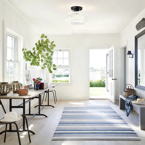 Bright room with Semi Flush Mount Ceiling Light Fixture In Brushed Nickel With Globe Glass Shade, Industrial Farmhouse Hallway Lighting