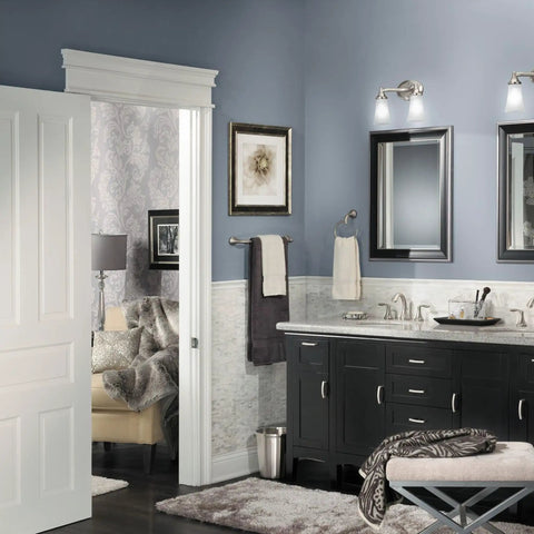 Modern bathroom with Eva Brushed Nickel Single Post Open Hand Towel Ring For Bathroom That Adds Quick Style With No Fuss Easy Install Wall Mounted Towel Holder Coordinating Bath Accessory From Eva Collection YB2886BN by sink.