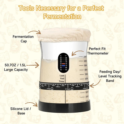 Large Capacity Sourdough Starter Kit With 50oz Jar And 17 Flavorful Fermentation Recipes, 50.7oz jar with lid and thermometer.