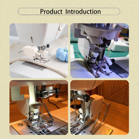 Open-toe walking foot with guide for Brother sewing machines; quilting through multiple layers in a four-view collage