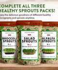 Bags of broccoli, salad, and alfalfa sprout seeds with text highlighting healthy sprout packs in branded home grown packaging.