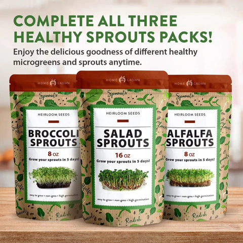 Bags of broccoli, salad, and alfalfa sprout seeds with text highlighting healthy sprout packs in branded home grown packaging.