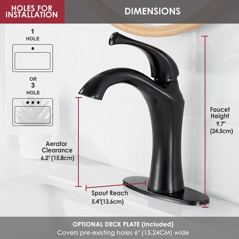 Side view of matte black single handle vanity faucet for bathroom sink with pop up drain, 1 or 3 hole installation, dimensions shown.