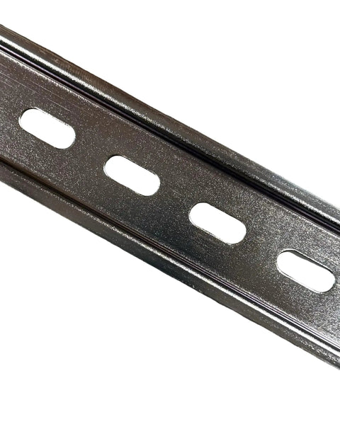 5 Piece DIN Rail Slotted Zinc Plated Steel Mounting Rails RoHS Compliant 35mm Wide 7.5mm High 6 Inch Length close-up
