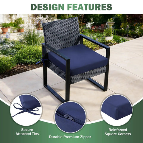 Outdoor Chair Cushions Set Of 2 19x19x3 Inches Waterproof And Fade Resistant Patio Cushions With Ties For Square Outdoor Dining Chairs In Navy Blue For Lawn Garden Deck And Yard installed on chair showing design features