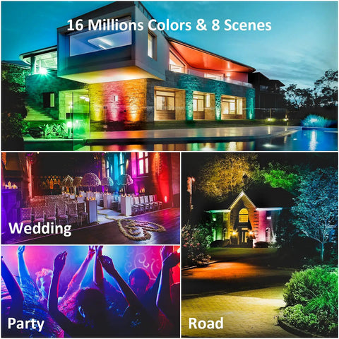 RGB Lit Plus Tunable White Outdoor Flood Lights 50W Two Pack With 2700K To 6500K Color Temp IP66 Waterproof Stage Uplighting For Party And Christmas 16 Million Colors 8 Scenes Group Control And Countdown Timer