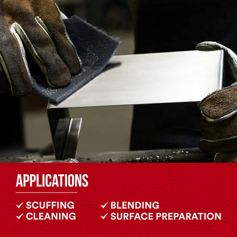 Worker using Ultra Fine Pro Grade Hand Sanding Pad 6 X 9 Inch for metal prep, rust and paint removal, finishing and blending.