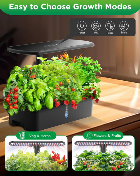 Smart Indoor Herb Garden Kit With 24W LED Grow Light And Height Adjustable Tray, displaying herbs and flowers in kitchen setting.