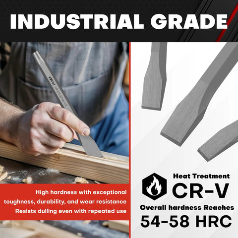 Heavy Duty Cold Chisel Set Three Piece 3/8 1/2 5/8 Inch for Carpentry, Metalworking, and Masonry Work Chrome Vanadium Steel 54-58 HRC