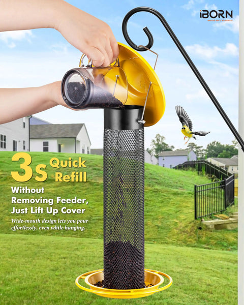 Outdoor Finch Feeder For Nyjer Seed Tube With Metal Mesh 13 Inch Length Weatherproof Roof And Tray 2 Lb Capacity Hanging Bird Feeder For Backyards Yellow being refilled outdoors.