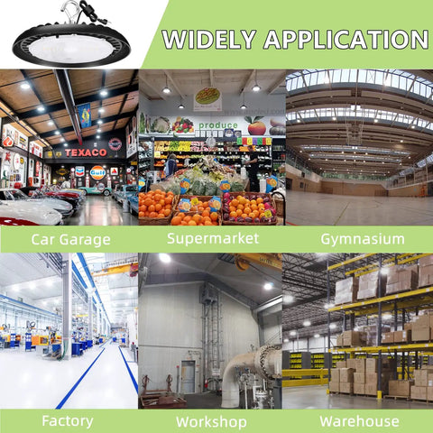 2 Pack LED High Bay Light With US Plug, 6 Ft Cord, 120V 150W, 19500 Lumen 5000K Daylight, UL IP65 Commercial Warehouse Lighting in various settings