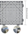 Close-up of a single 12 Pack Modular Interlocking Cushion Rubber Floor Mats 11.6 Inch Square Tiles For Pool Deck Patio Balcony Yard Pet Area Drainage Wash Pad Gray Non Slip Surface For Wet Areas Durable Flexible And Easy To Install with size measurements and thickness details.