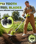 Man using 22V Cordless Garden Tiller Cultivator For Soil Preparation And Weeding Lightweight Rototiller With 9 Inch Tilling Width