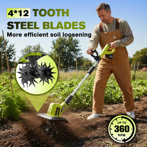 Man using 22V Cordless Garden Tiller Cultivator For Soil Preparation And Weeding Lightweight Rototiller With 9 Inch Tilling Width