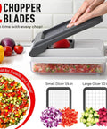 All In One Vegetable Chopper And Mandoline Slicer With Built In Catcher Cheese Grater Onion Cutter And Dicer Kitchen Gadget Set For Quick Meal Prep Like A Pro Easy Cleanup White And Gray in use demonstrating dicing.
