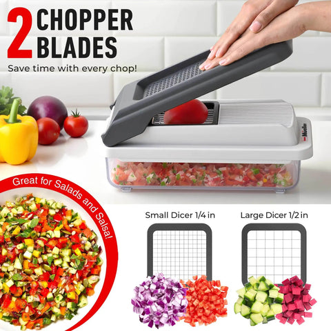 All In One Vegetable Chopper And Mandoline Slicer With Built In Catcher Cheese Grater Onion Cutter And Dicer Kitchen Gadget Set For Quick Meal Prep Like A Pro Easy Cleanup White And Gray in use demonstrating dicing.
