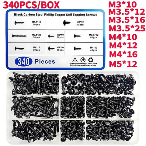 340 Piece Black Phillips Self Tapping Screws Set M3 M3.5 M4 M5 With Washer And Cross Head Pad Kit Assortment Box For DIY Projects