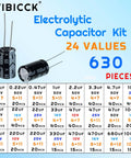Mega Value 24 Value 630 Piece Electrolytic Capacitor Kit layout showing specifications of various capacitors.