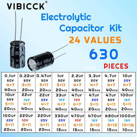 Mega Value 24 Value 630 Piece Electrolytic Capacitor Kit layout showing specifications of various capacitors.