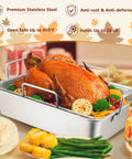 16 Inch Roasting Pan With V Shaped Rack And Baking Rack, Heavy Duty Stainless Steel Deep Broiling Pan With Handles, Turkey Inside