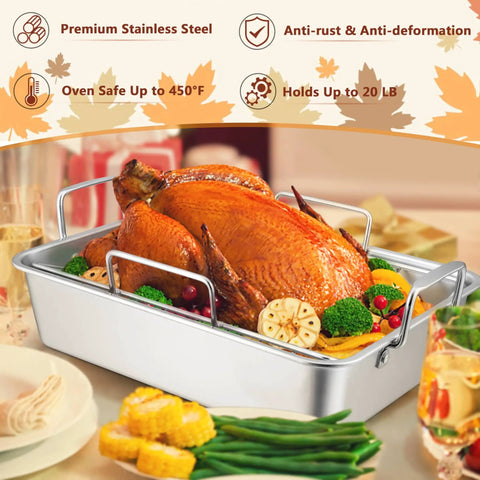 16 Inch Roasting Pan With V Shaped Rack And Baking Rack, Heavy Duty Stainless Steel Deep Broiling Pan With Handles, Turkey Inside