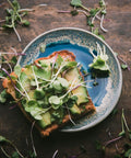 Avocado toast topped with Colorful Microgreen Seeds Mix for Home Growers on a ceramic plate, scattered seeds around.