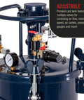Heavy Duty Steel Spray Paint Pressure Pot With Adjustable Gauge And Regulator For Auto Body Detailing showcasing multiple control valves.