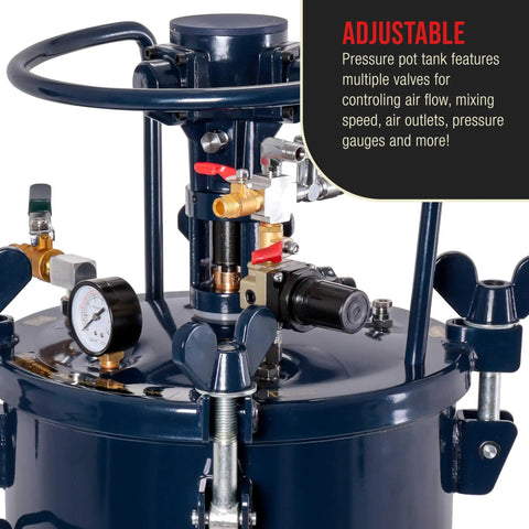 Heavy Duty Steel Spray Paint Pressure Pot With Adjustable Gauge And Regulator For Auto Body Detailing showcasing multiple control valves.
