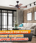 Rock Solid Half Inch Rubber Grommet Kit For Ceiling Fan Blades Anti Vibration Bushings To Hush The Rattle And Smooth Out That Wobble Premium Wood Fan Replacement Parts Set Of Eighteen installed in a modern living room with a ceiling fan.