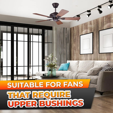 Rock Solid Half Inch Rubber Grommet Kit For Ceiling Fan Blades Anti Vibration Bushings To Hush The Rattle And Smooth Out That Wobble Premium Wood Fan Replacement Parts Set Of Eighteen installed in a modern living room with a ceiling fan.