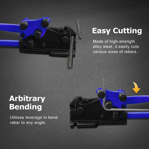 Heavy Duty Manual Rebar Cutter And Bender Tool With Removable Shears lever action showing easy cutting and bending of rebar.