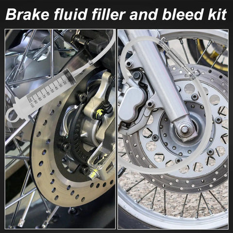 Brake Bleeder Kit With Syringe Hose And Tubing For Motorcycle And Car Maintenance, showing syringe and tubing on motorcycle brake disc