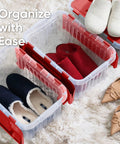 Six Pack Heavy Duty Red Storage Bins With Secure Hinged Lids For Hassle Free Stackable Home Organization. Storing shoes.
