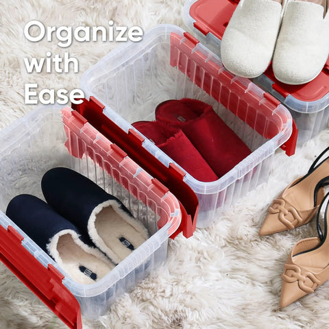 Six Pack Heavy Duty Red Storage Bins With Secure Hinged Lids For Hassle Free Stackable Home Organization. Storing shoes.
