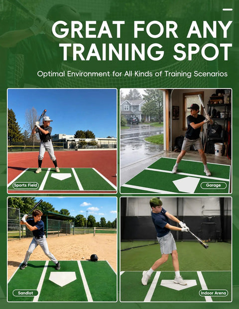 4 By 6.5 Ft Baseball Hitting Mat With Home Plate For Backyard Practice In Garage Or Batting Cage shown in various settings