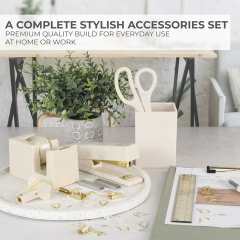 Aesthetic Desk Accessories Set Complete Desktop Organizer For Women With Gold Finish Pen Holder Scissors Stapler Tape Dispenser And More To Level Up Your Home Office Decor And Boost Productivity displayed on a desk.