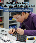 Student using DIY Logic Gate Soldering Kit For Beginners With Interactive LED Simulation, soldering components on a circuit board.