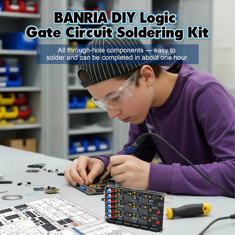 Student using DIY Logic Gate Soldering Kit For Beginners With Interactive LED Simulation, soldering components on a circuit board.
