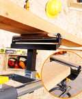 Lightweight Universal Miter Saw Stand With 330 Lb Capacity holding wood, focus on quick release mounting brackets, Model WK-MS050B