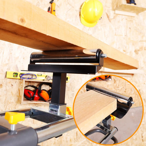Lightweight Universal Miter Saw Stand With 330 Lb Capacity holding wood, focus on quick release mounting brackets, Model WK-MS050B