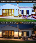 Comparison of Dope 12 Inch Exterior Barn Style Porch Light Set Of 3 Dusk To Dawn Black Farmhouse Outdoor Wall Lanterns during day and night
