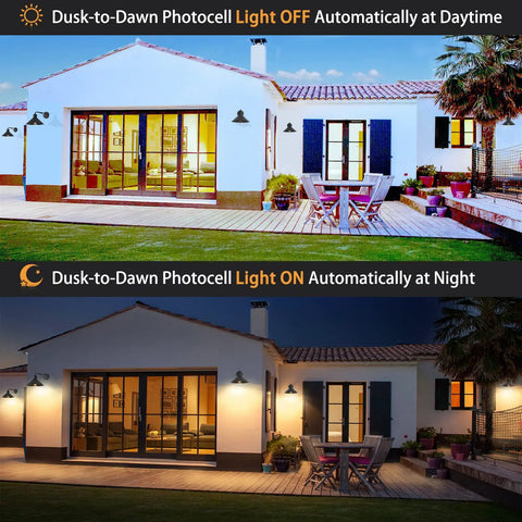 Comparison of Dope 12 Inch Exterior Barn Style Porch Light Set Of 3 Dusk To Dawn Black Farmhouse Outdoor Wall Lanterns during day and night