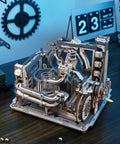 Motorized Wooden Marble Run Puzzle For Adults LGC01 Marble Spaceport 3D STEM Toy on desk with gears and calendar
