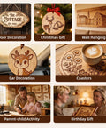 Illustrated uses of All In One Wood Burning Kit For Beginners And Newbies with various decor and gift projects, including coasters and wall hangings.
