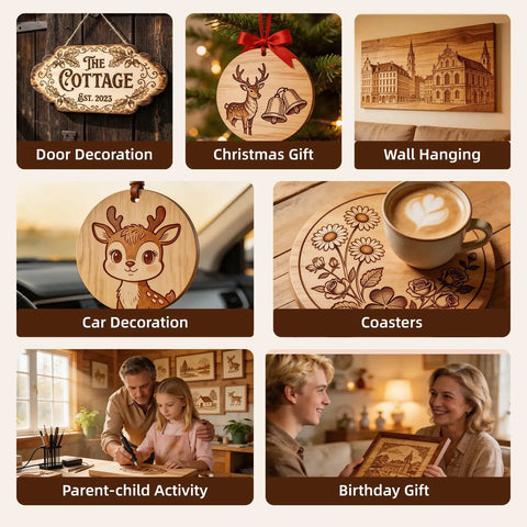 Illustrated uses of All In One Wood Burning Kit For Beginners And Newbies with various decor and gift projects, including coasters and wall hangings.