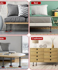 Sofa, bed, table, and cupboard supported by adjustable cabinet jacks with stable nylon bases, showcasing versatility for various furniture.
