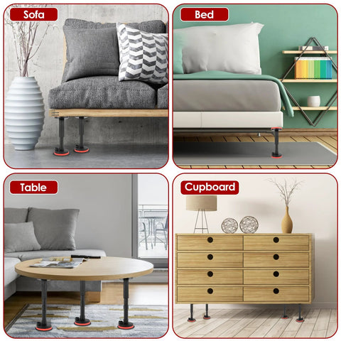 Sofa, bed, table, and cupboard supported by adjustable cabinet jacks with stable nylon bases, showcasing versatility for various furniture.