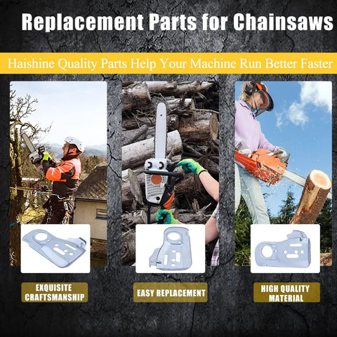 Collage showing uses and features of Chain Guide Bar Plate For 445 445E 450 450E Chainsaws, Craftsman 358382000 Compatible Replacement Part 544094001