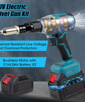 Sumumtor 21V Cordless Electric Rivet Gun With Two 4.0Ah Batteries And Charger showing brushless motor and thermal protection.